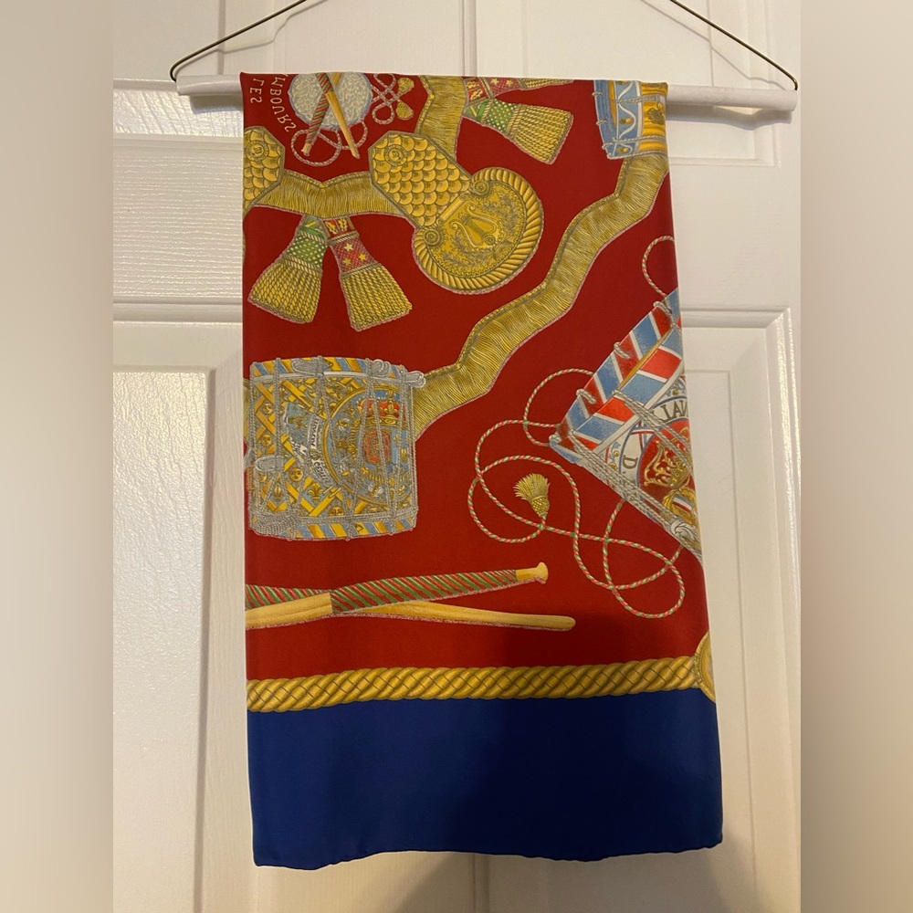 HERMES Make Offer! SILK SCARF Blue White Yellow Drum Sticks Tassels Patriotic - Picture 3 of 4